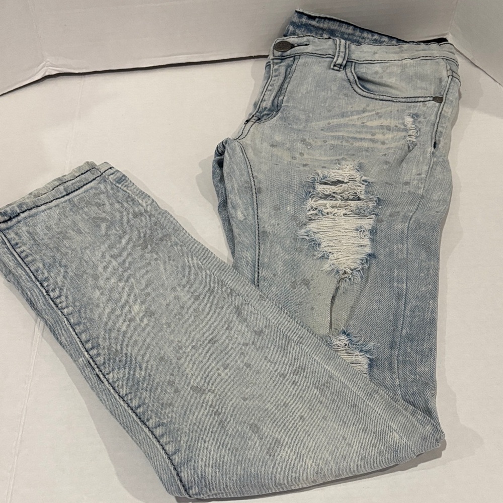 Machine Distressed Light Blue Low Rise Women's Jeans